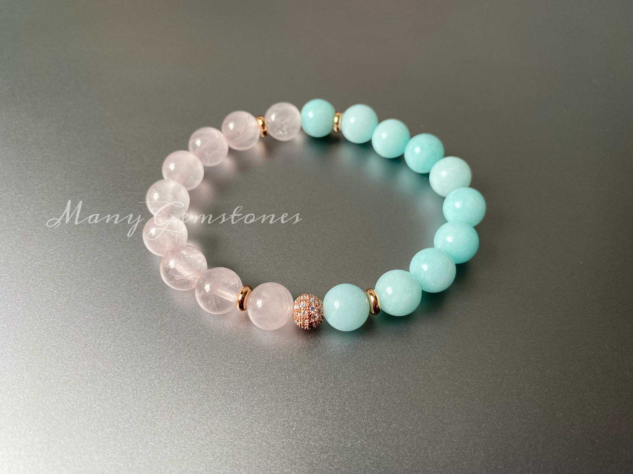 กำไลหินมงคล  สร้อยข้อมือหินมงคล Amazonite + Rose Quartz