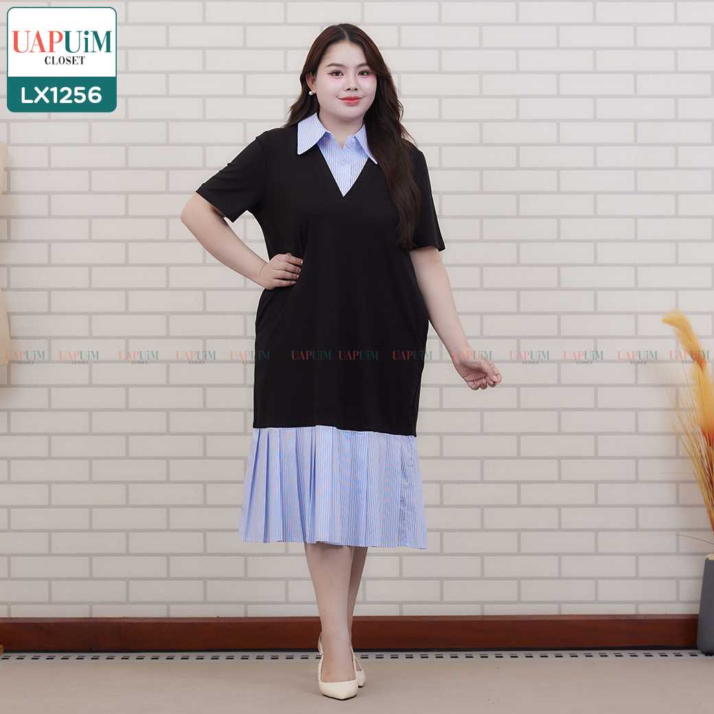 (LX1256) เดรสทูโทน ลุคเก๋แบบมีเลเยอร์ ดีไซน์เหมือนใส่เชิ้ตกับเดรสตัวเดียวจบ มีกระเป๋าข้าง