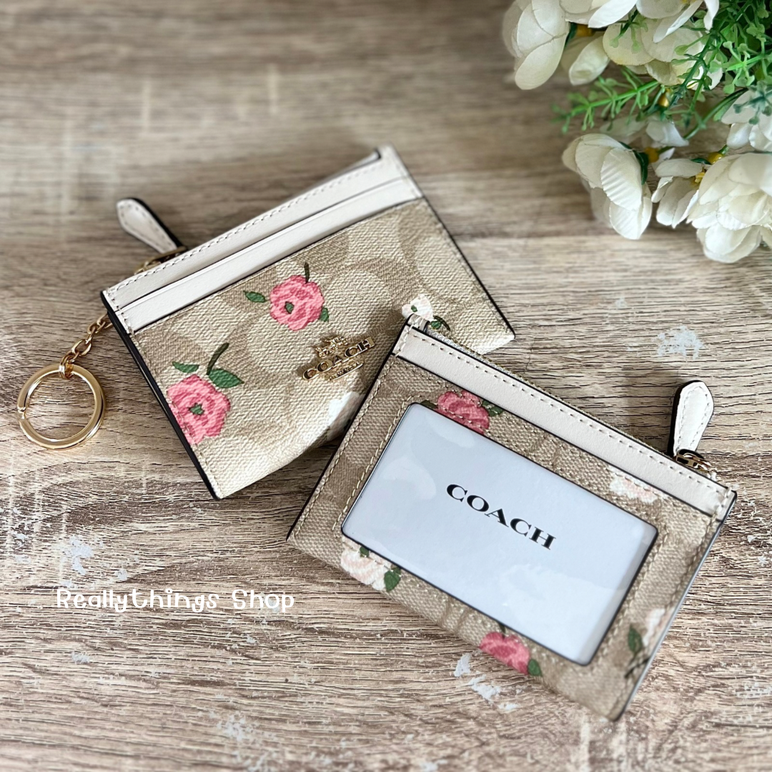 {แท้💯%📮พร้อมส่ง+ส่งฟรี} กระเป๋าใส่บัตร(มีซิป+พวงกุญแจ) Coach Signature Mini ID Skinny