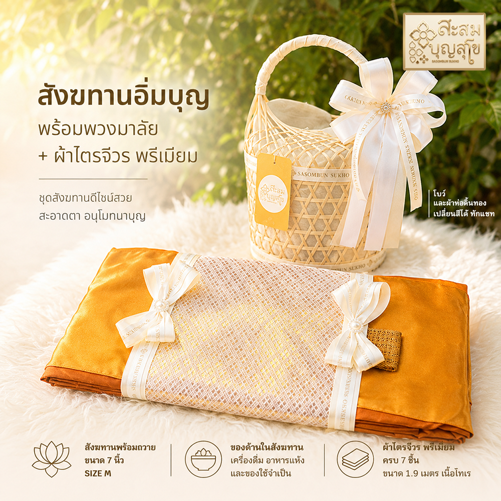 โปรจับคู่สังฆทานอิ่มบุญ โบว์ติดเพชร 7 นิ้ว และผ้าไตรครบชุด ห่อดิ้นทอง พรีเมี่ยม ใช้งานได้จริง