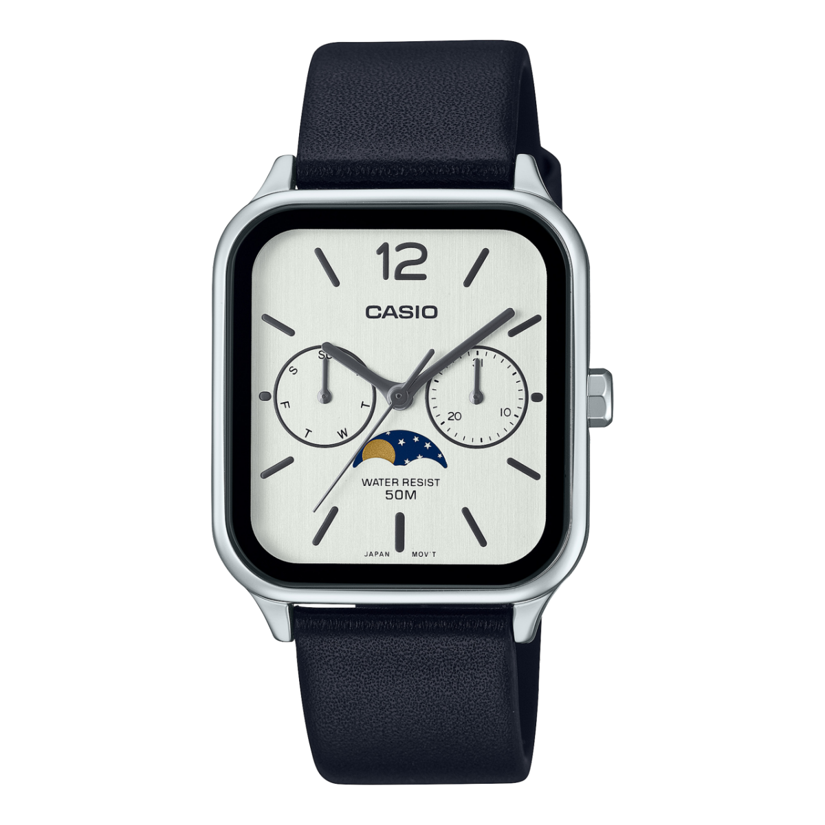 CASIO Quartz นาฬิกาข้อมือ รุ่น MTP-M305L-7AVDF สายหนังสีดำ มีฟังก์ชั่นข้างขึ้นข้างแรมของดวงจันทร์