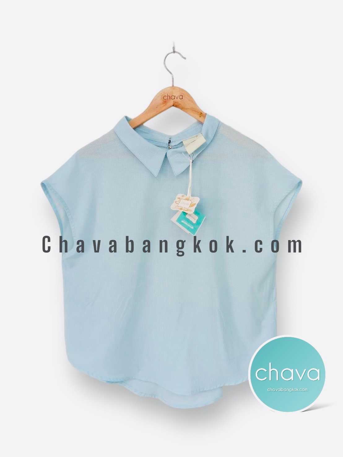 NEW!! เสื้อ Top / BLOUSE (สีฟ้าอ่อน) คอปก แขนกุด กระดุมหลัง