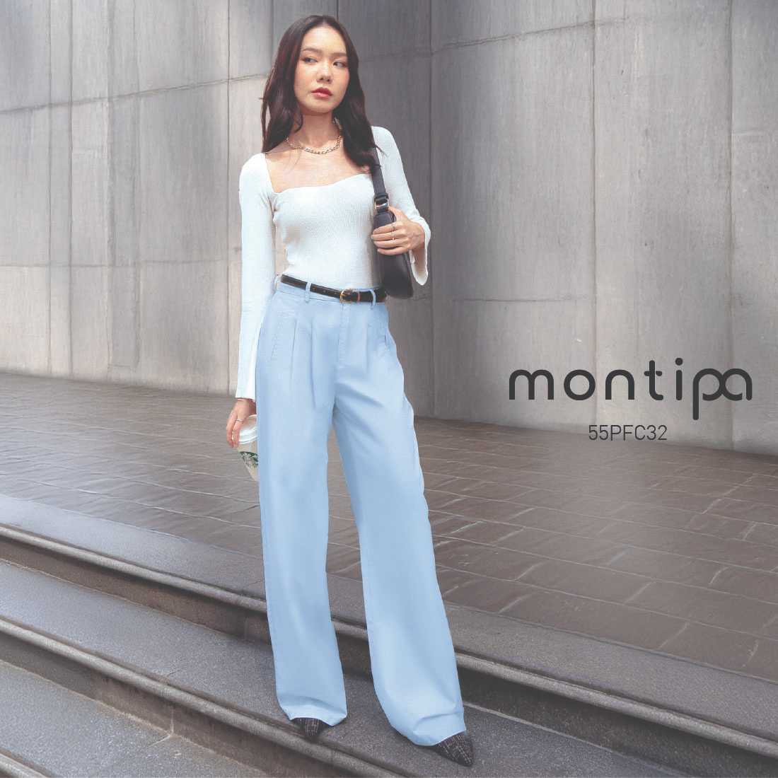 Montipa กางเกงทรงกระบอก ซิปหน้า แต่งจีบหน้าและฝากระเป๋าหลัง ผ้าคอตตอน 55PFC32