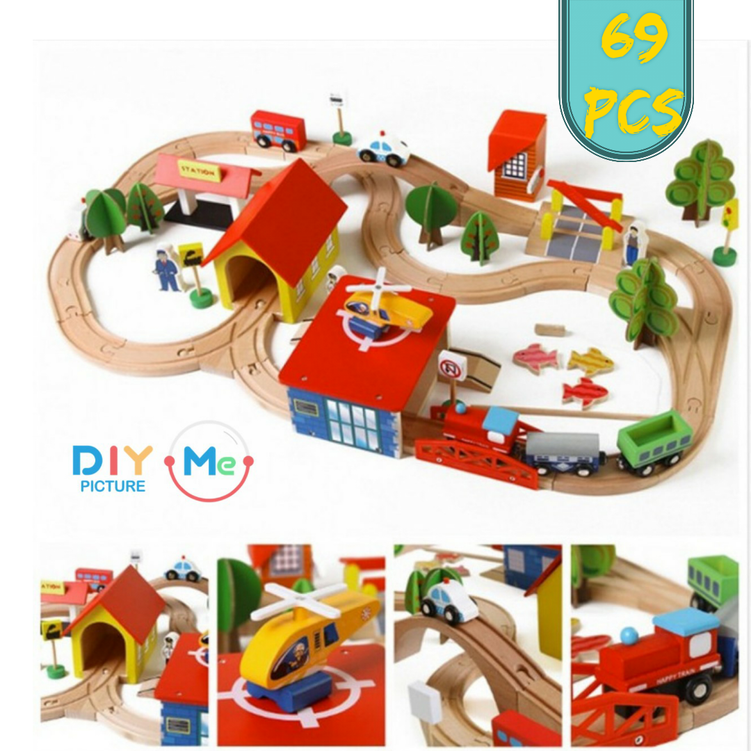ชุดรถไฟไม้69ชิ้น ต่อกับรางIKEA ได้Woodtoy TrainRailway รางไม้ใช้ได้สองด้าน เสริมจินตนาการ ลดสมาธิสั้