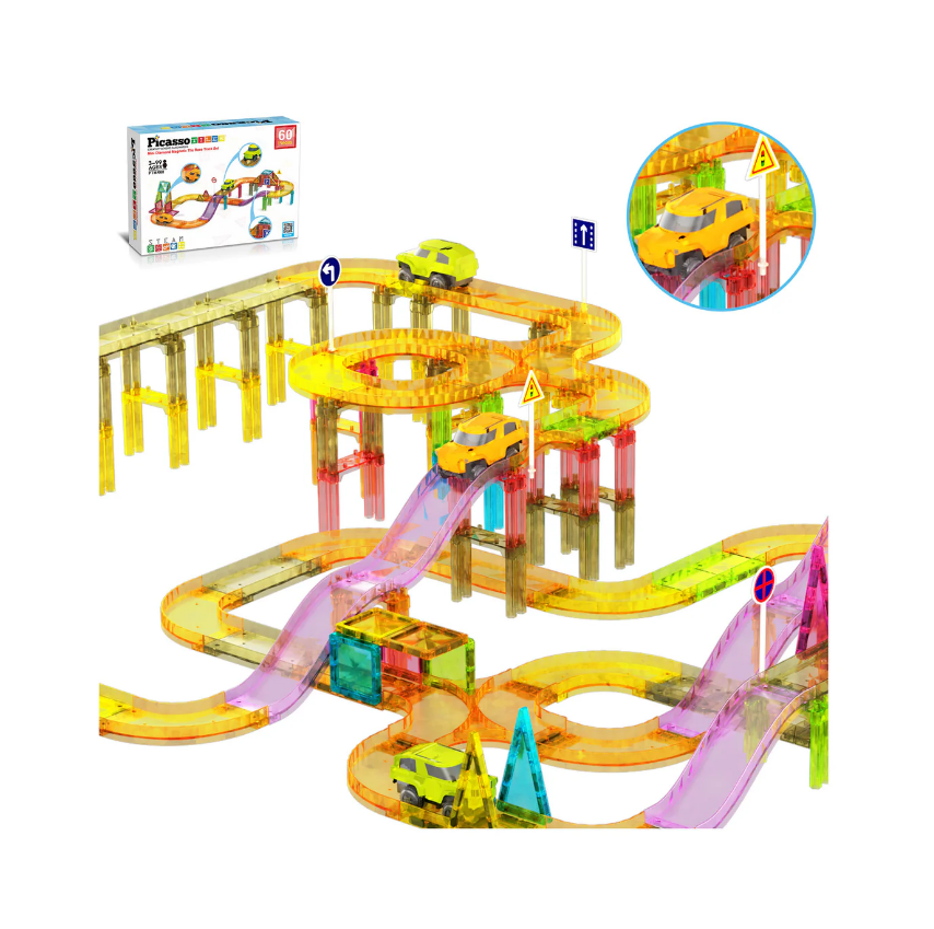 PicassoTiles 60 Pc Travel Magnet Tile Race Track with Car Playset