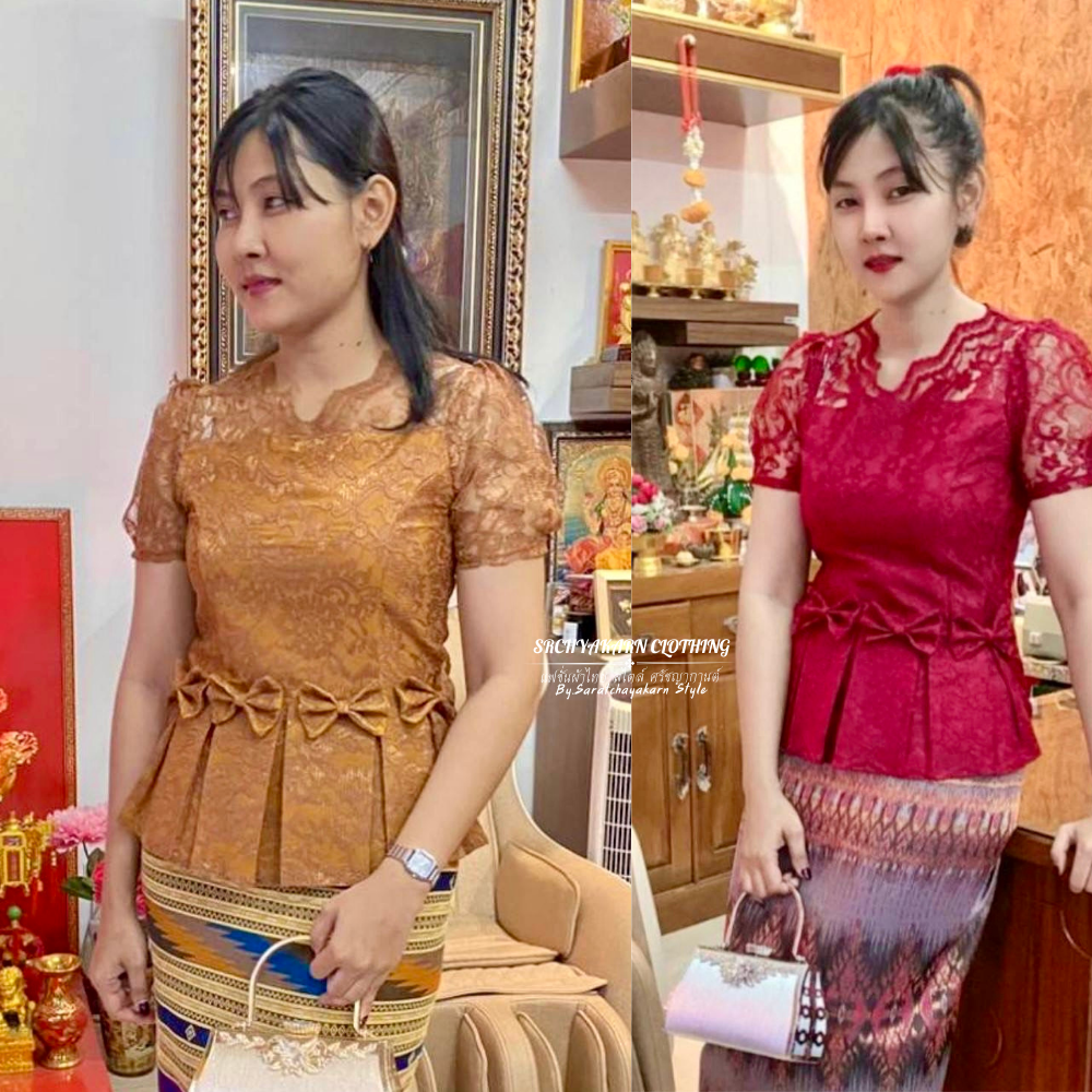 เสื้อลูกไม้ คอวี บ่าหน้าซีทรู ชายระบายอัดพลีท แต่งโบว์เอว งานซิปหลัง อัดกาว ใส่ไปงานบุญ สวยมาก