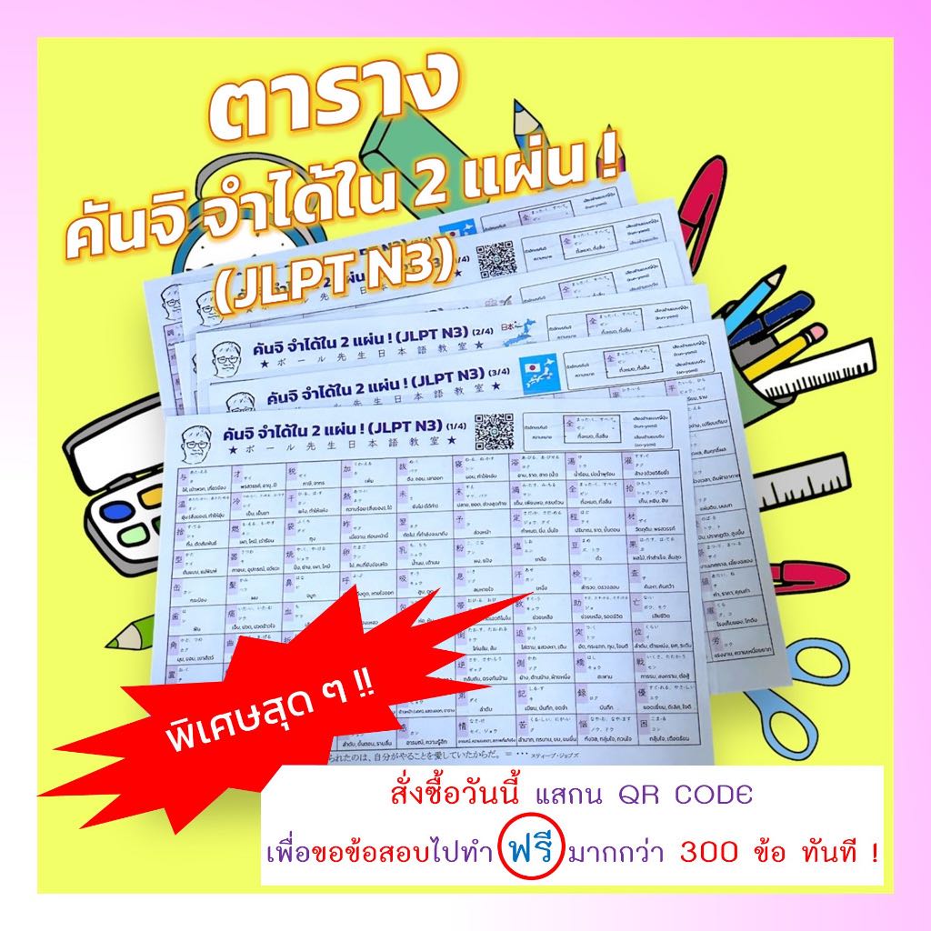 JLPT N3 ตาราง คันจิ จำได้ใน 2 แผ่น ! ขนาด A4 (พร้อมเคลือบ) ภาษาญี่ปุ่น