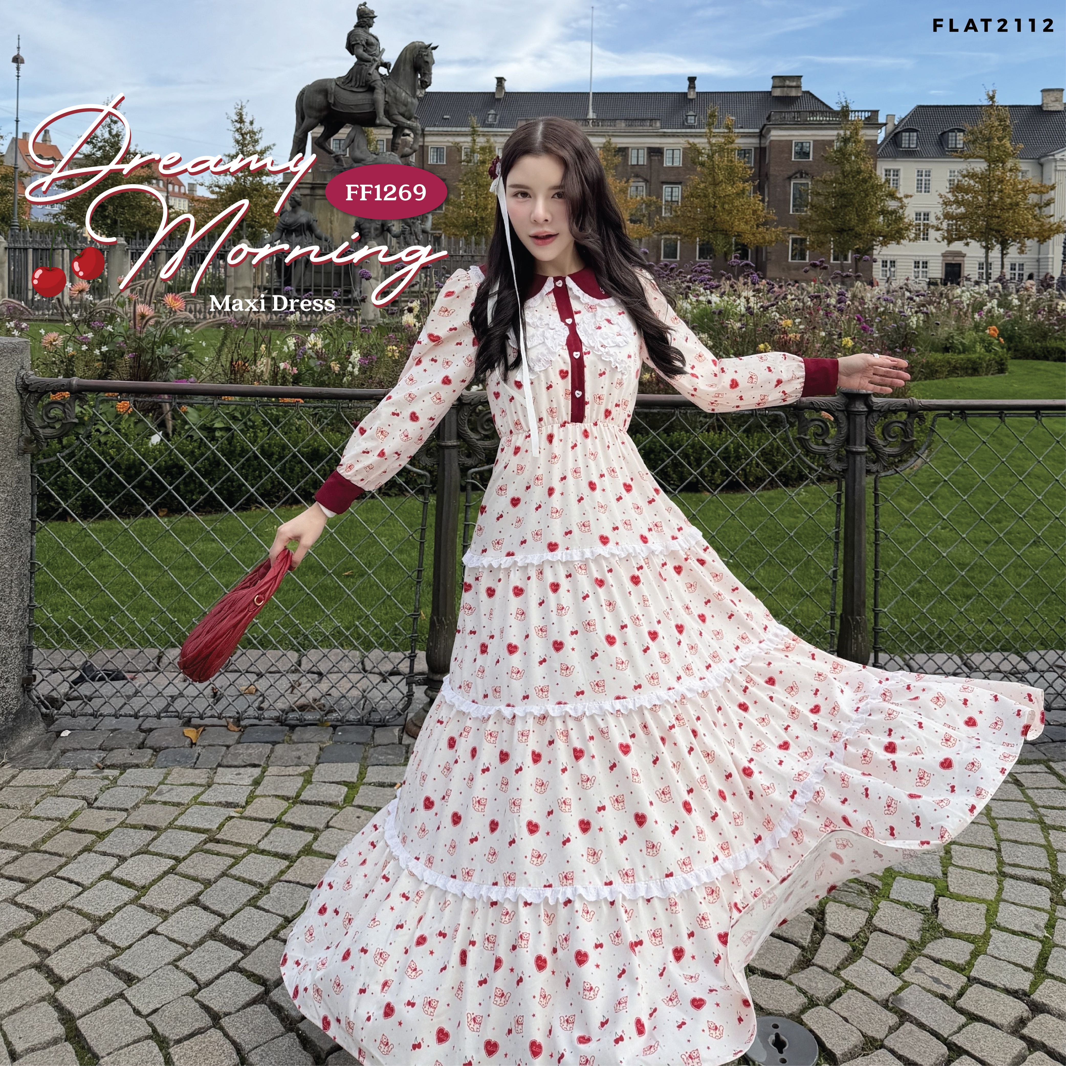 FLAT2112 : DREAMY MORNING MAXI DRESS เดรสยาวลูกไม้แขนยาว สไตล์เกาหลี  เนื้อผ้านุ่ม  (FF1269)