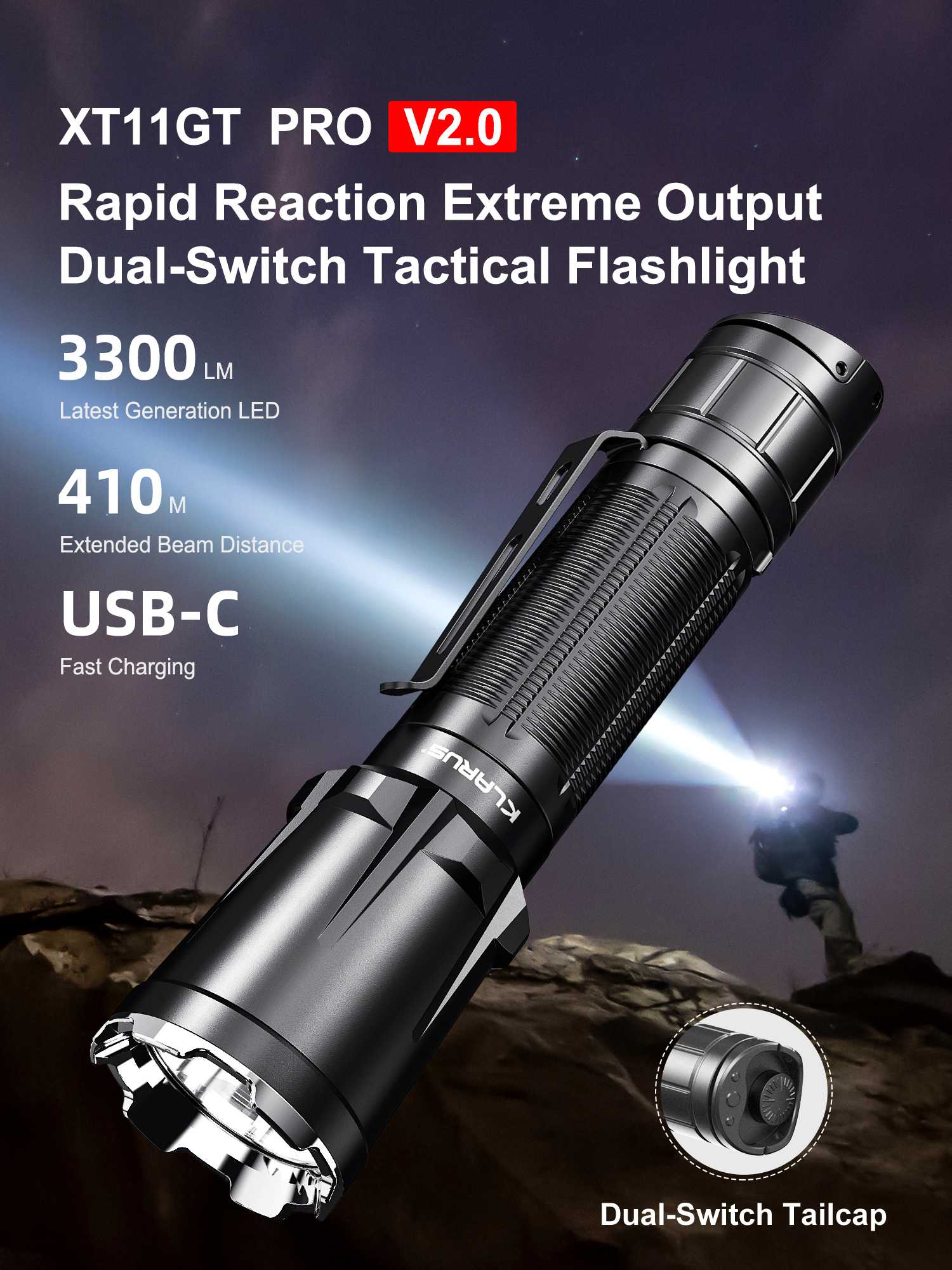 ไฟฉาย KLARUS XT11GT PRO Ver2.0 Compact แรง 3300 lm สวิทซ์ท้ายคู่ คุมง่าย เร็ว Turbo กระพริบทันที