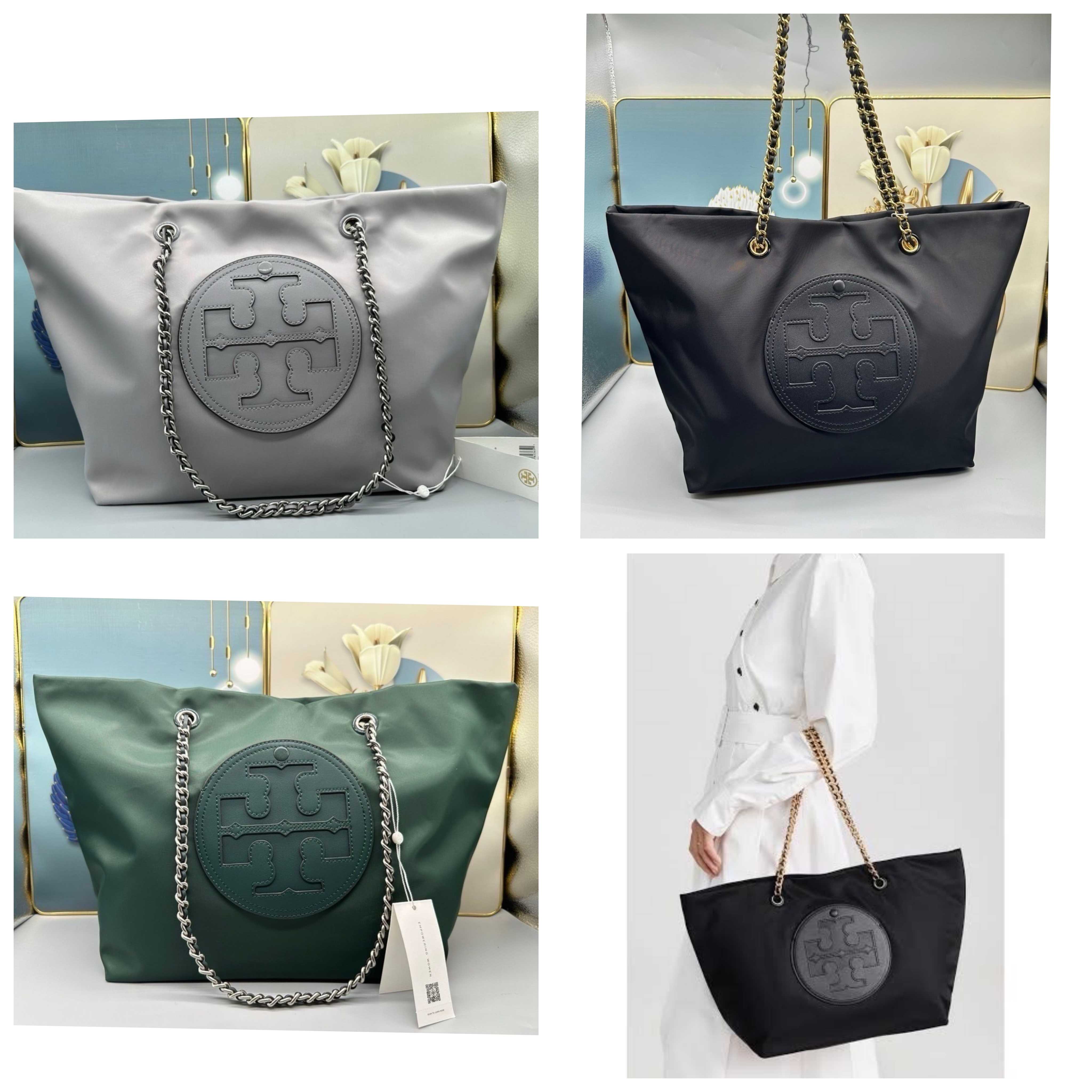 TORY BURCH กระเป๋าสะพายไหล่ ELLA ทรงโท้ท แต่งสายโซ่คล้อง 