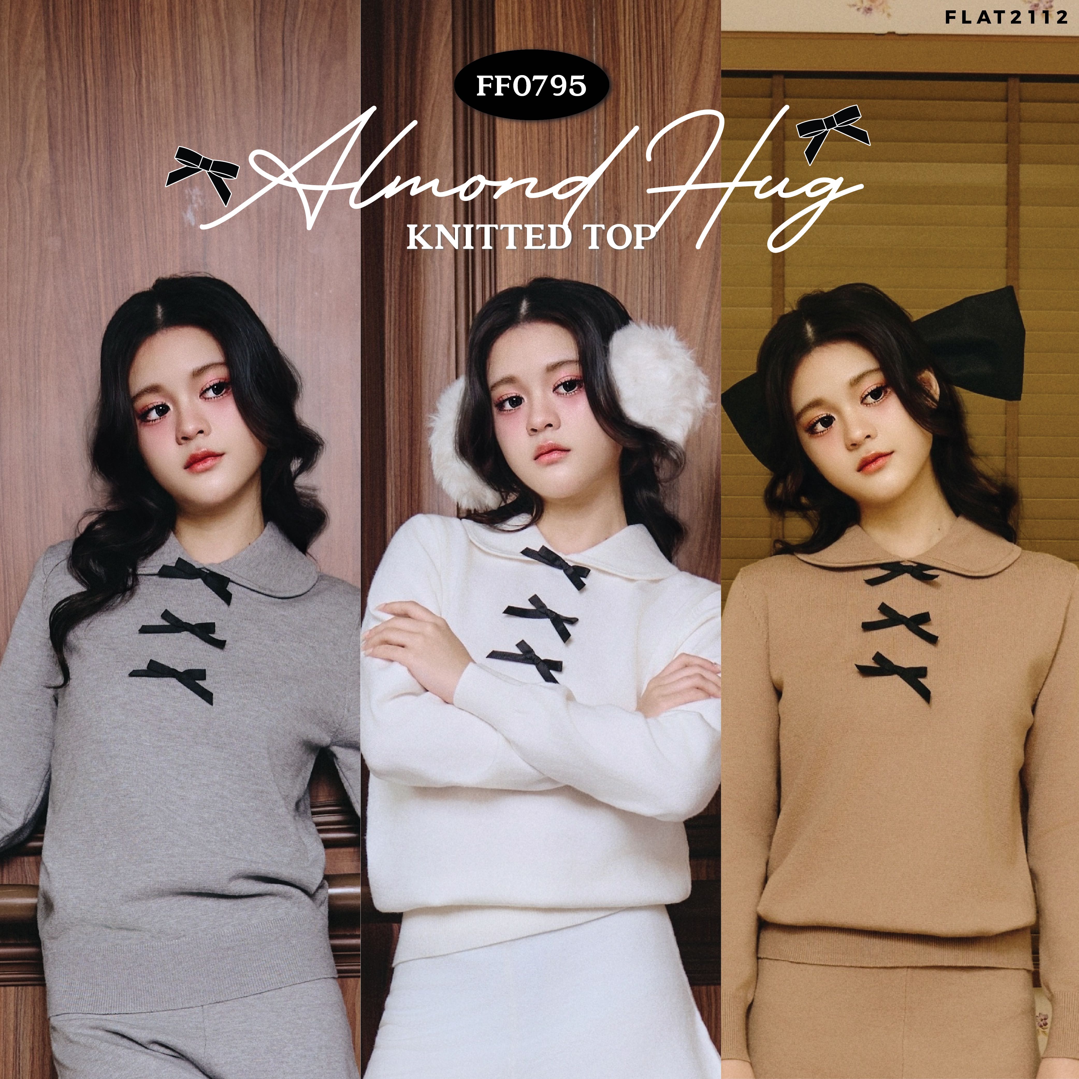 FLAT2112 FF0795 : ALMOND HUG KNITTED TOP เสื้อไหมพรมคอปก แขนยาว แต่งโบว์