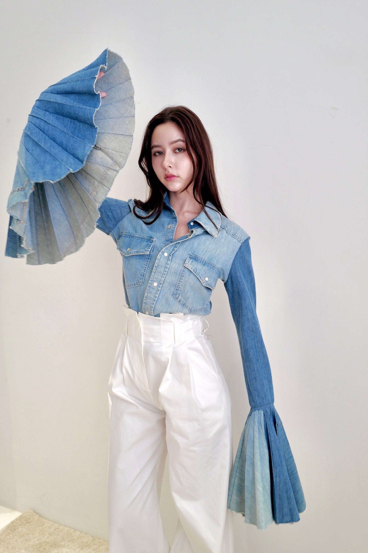 A.W.A.K.E. MODE RECYCLED DENIM SHIRT WITH PLEATED BELL SLEEVES BLUE