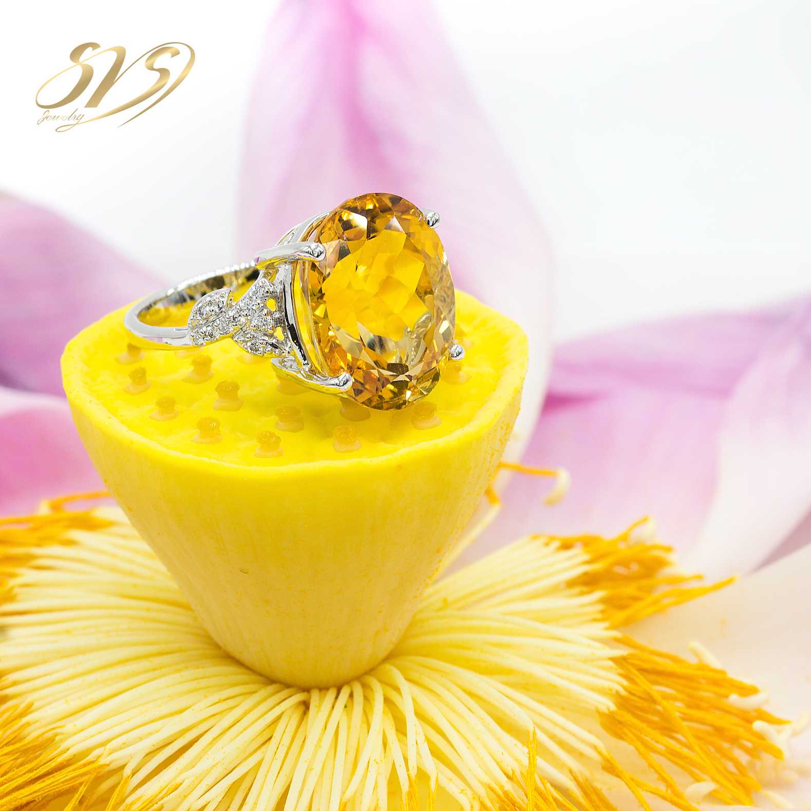 Citrine with Natural Diamond White Gold Ring