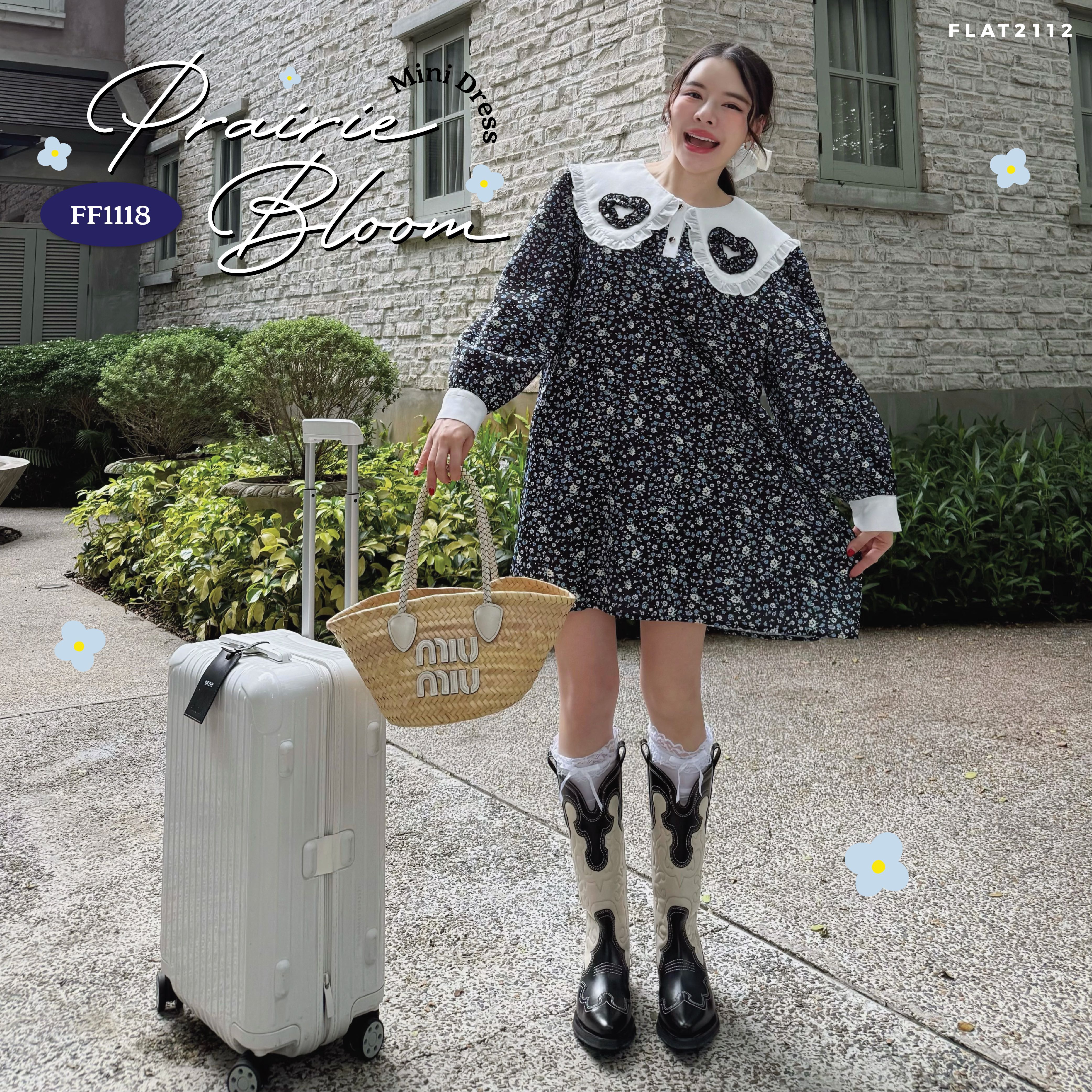 FLAT2112 FF1118 : PRAIRIE BLOOM MINI DRESS เดรสสั้น เดรสโอเวอร์ไซส์ เดรสแขนยาว แฟชั่นผู้หญิง