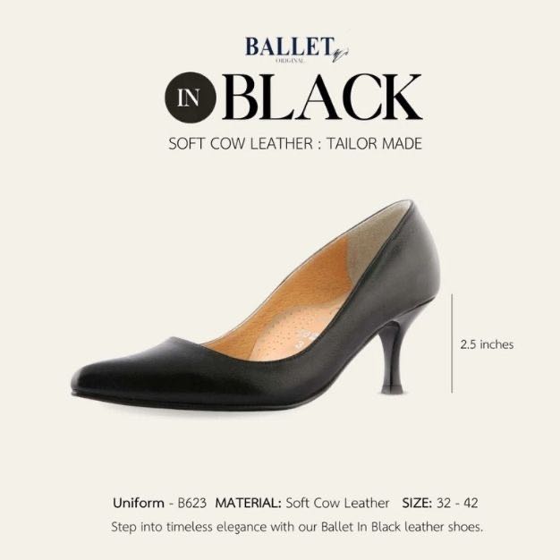 Uniform - B623 รองเท้าคัทชูหนังแท้ สีดำเรียบ ส้นสูง 2.5 นิ้ว
