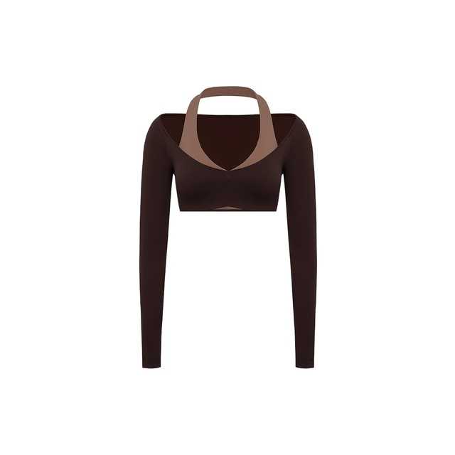 WISKII Colorblock One-Piece Long Sleeve Crop Top - Fig/Mocha
