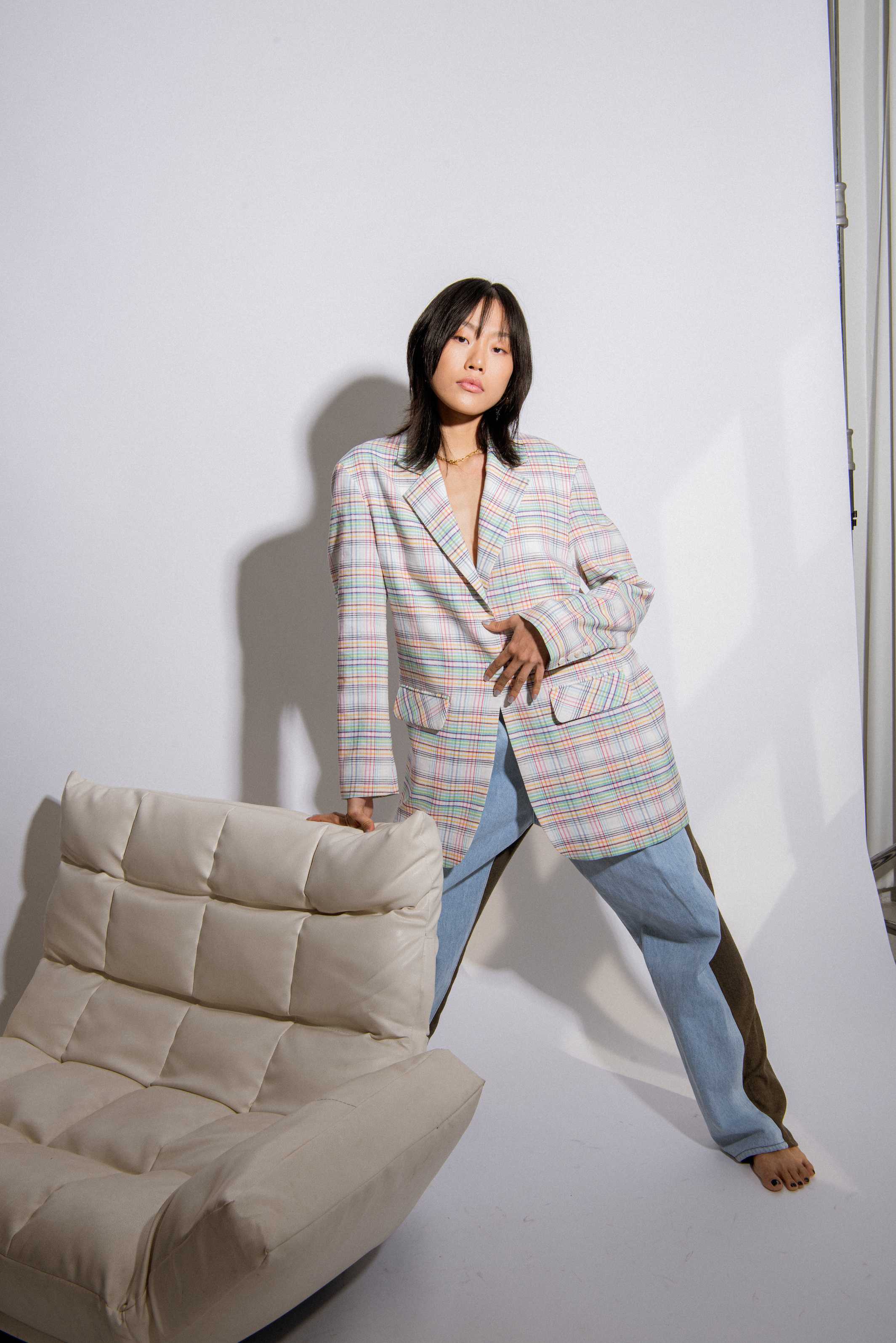 Linen Longline Blazer - Multi Color Plaid