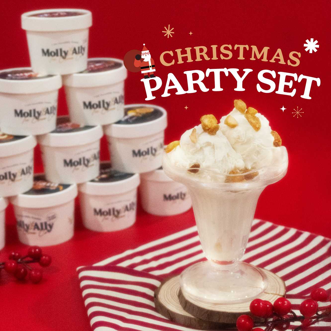 🎄 Molly Ally Christmas Party Set 🍨 I ไอศกรีมสำหรับปาร์ตี้ 15/25/50 ถ้วย เข้มข้น ครีมมี่ ไม่มีนมวัว