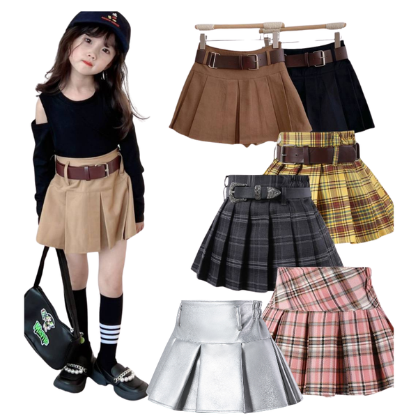 พร้อมส่ง กระโปรง เด็กผู้หญิง อัดพีชสั้นไม่รวมเข็มขัด