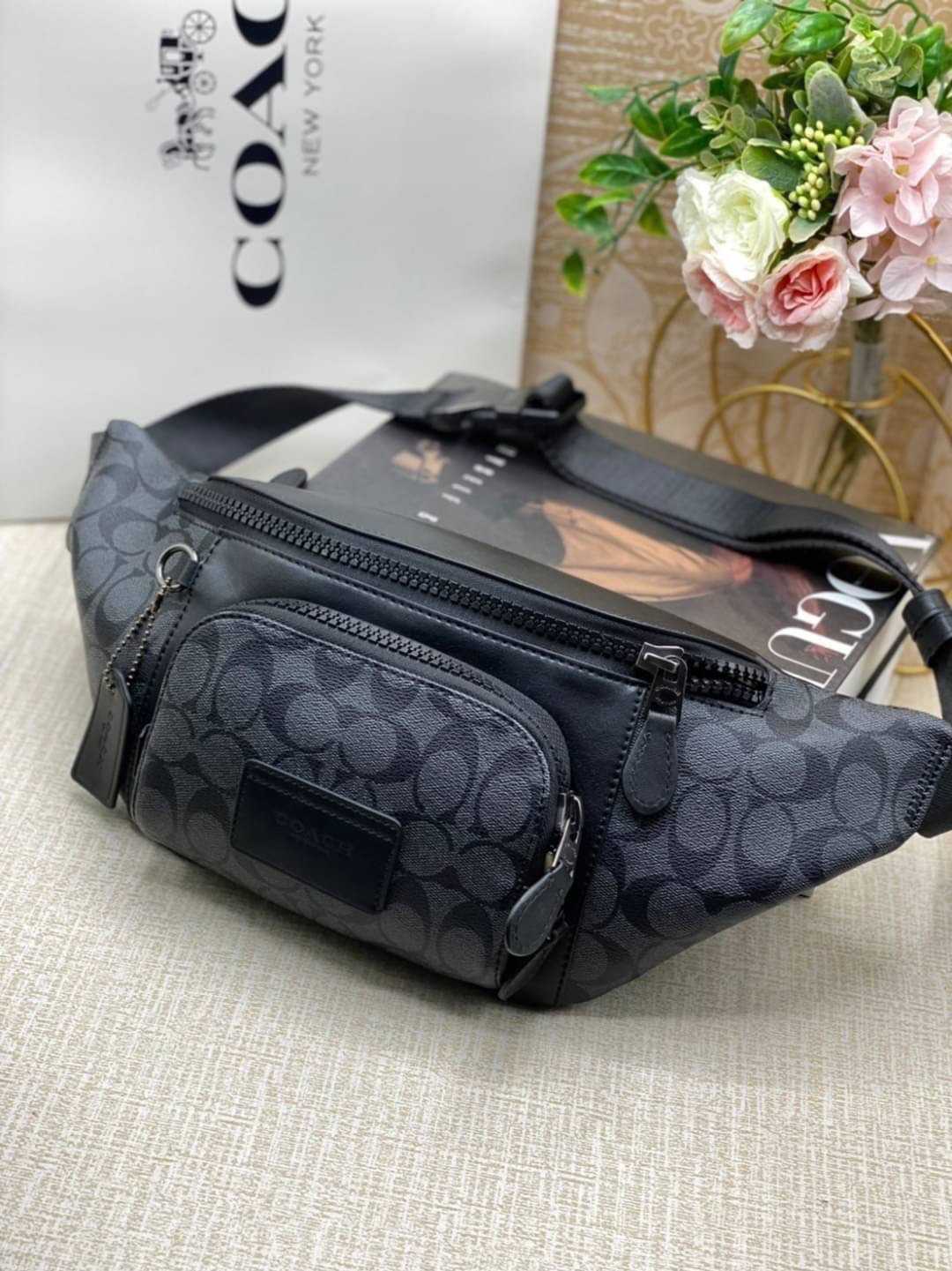 กระเป๋าสะพายคาดอกCOACH C3765 TRACK BELT BAG IN SIGNATURE CANVAS สีดำลาย c
