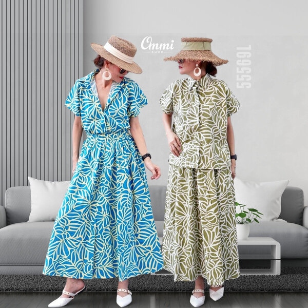 Ommishop 55569L ชุดเซ็ท เสื้อคอปกแขนสั้น และกระโปรงยาว ลายใบไม้ Cotton Japan 100% (Bonus)[55569]