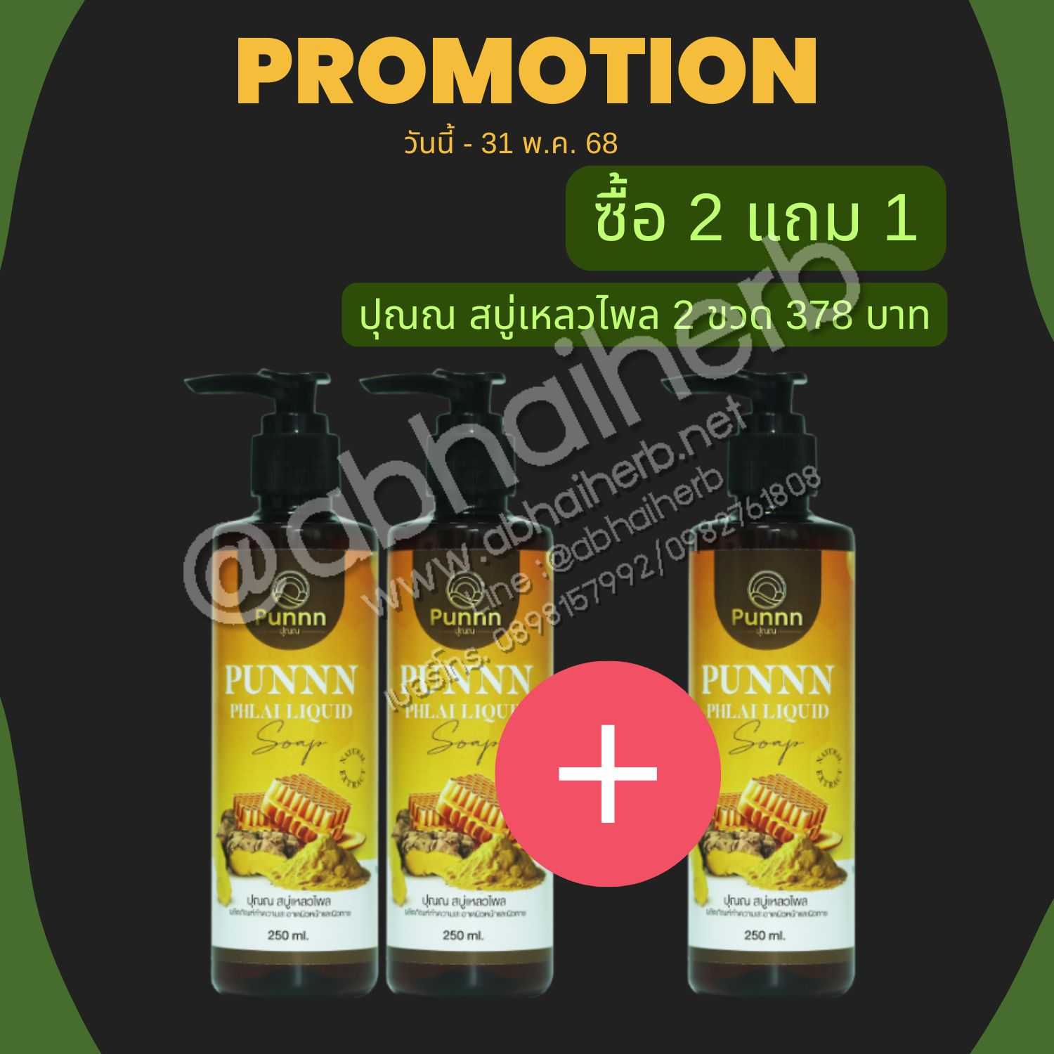 โปรโมชั่น ซื้อ 2 แถม 1 ปุณณ สบู่เหลวไพล