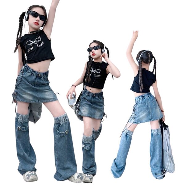 friendly4kid พร้อมส่ง เสื้อกล้ามสีดำ+กระโปรงยีนส์พร้อมปลอกขา สียีนส์เข้ม