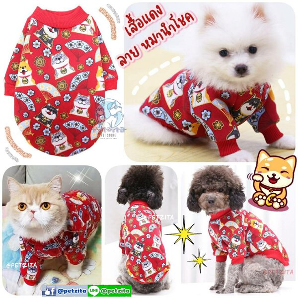 🇹🇭พร้อมส่ง🇹🇭🈹️🈲️🉐️ เสื้อแดง ตรุษจีน ลาย🐱 แมวนำโชค หมานำโชค 🐱 for สัตว์เลี้ยง สุนัข หมา แ...