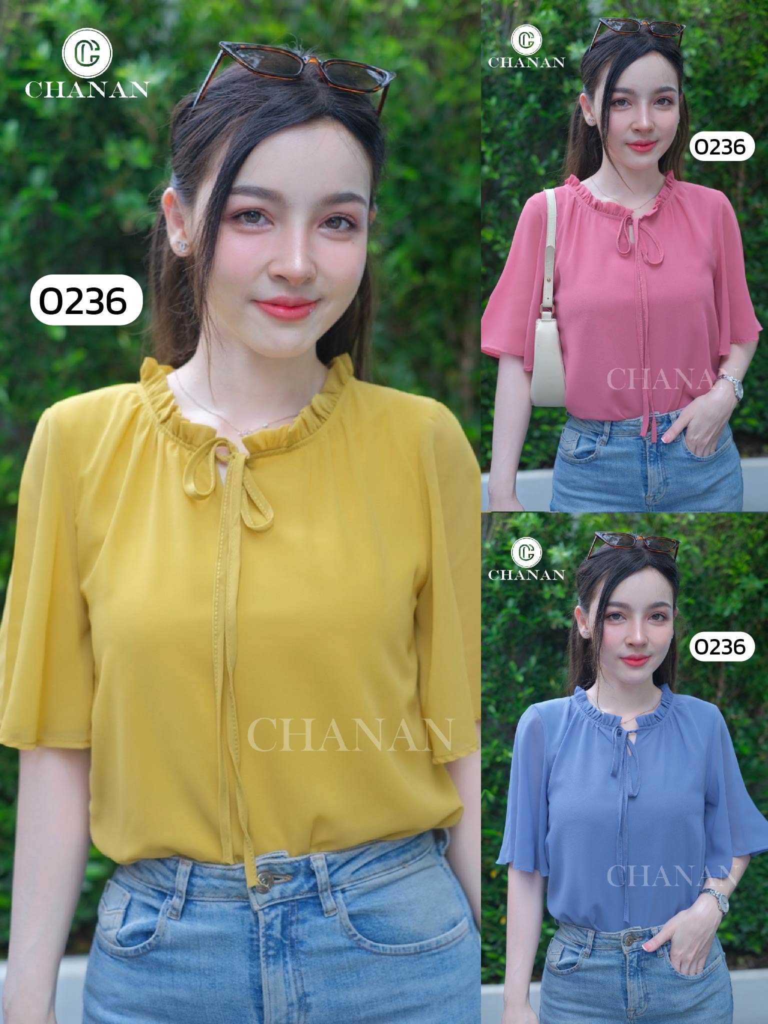 0236 เสื้อผ้าชีฟอง คอแต่งเชือกผูก แขนระบาย ทรงสวย ใส่เที่ยวใส่ทำงานได้ มี3สี