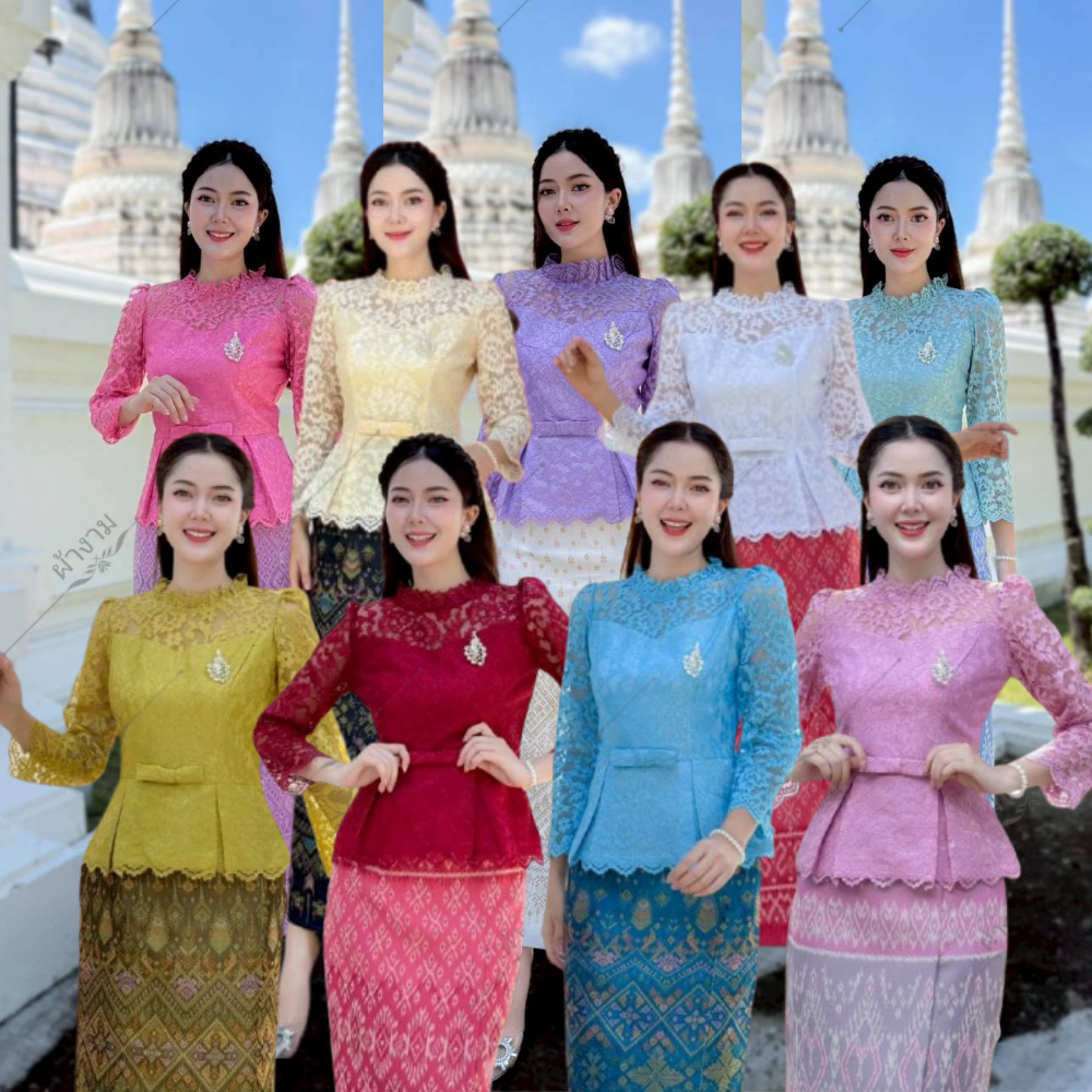 เสื้อลูกไม้ ชายระบายอัดจีบ แต่งโบว์เอว คอกลม แต่งระบายตรงคอ แขนยาว อัดกาว ใส่ไปวัดทำบุญ สวยมาก