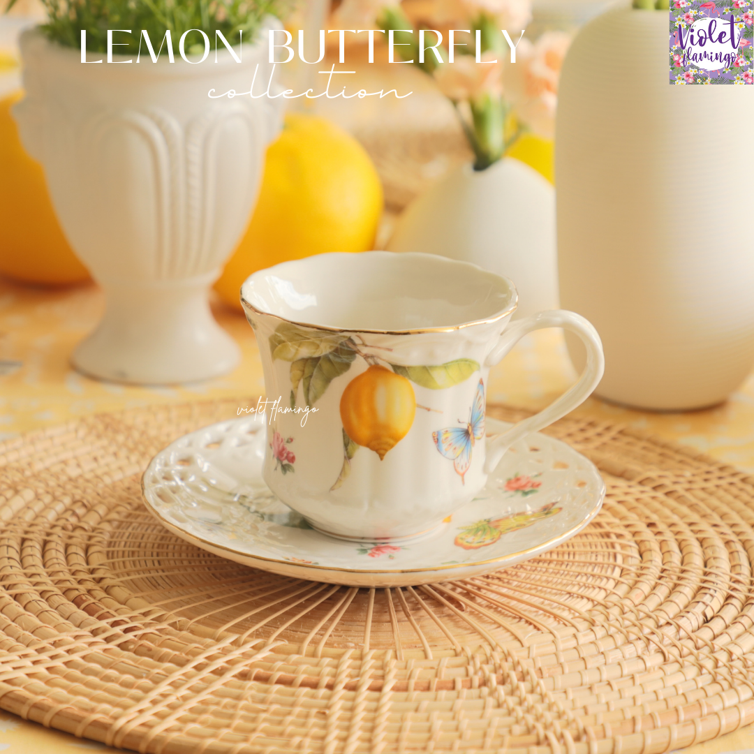 Lemon Butterfly Tea Cup แก้วชา/แก้วกาแฟลายเลมอนผีเสื้อ จานรองฉลุลาย ขนาด 15 cm.