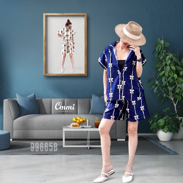 Ommishop 99665B ชุดเซ็ท เสื้อคอปก และกางเกงขาสั้น Cotton Japan 100% (Bonus)[99665]