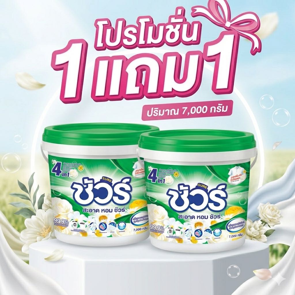 1 แถม 1 ผงซักฟอก SURE 4in1 ผงซักฟอก ชัวร์ สีเขียว 7,000 g ฆ่าเชื้อ 99.9%