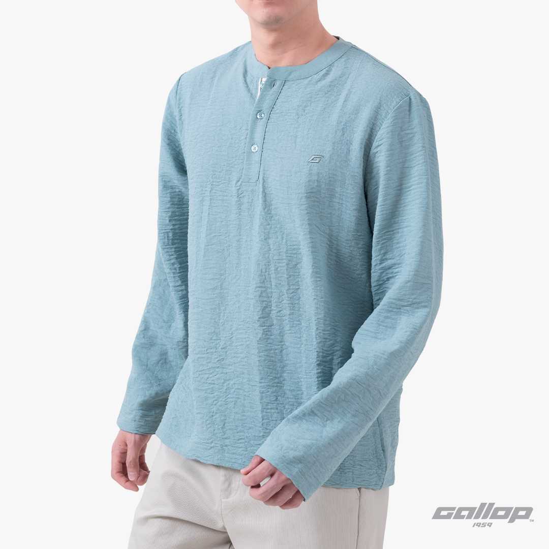 GALLOP : Linen Long Sleeve Mandarin Collar Shirt เสื้อแขนยาวคอจีน ผ้าลินิน รุ่นGW9053 สี Teal Blue