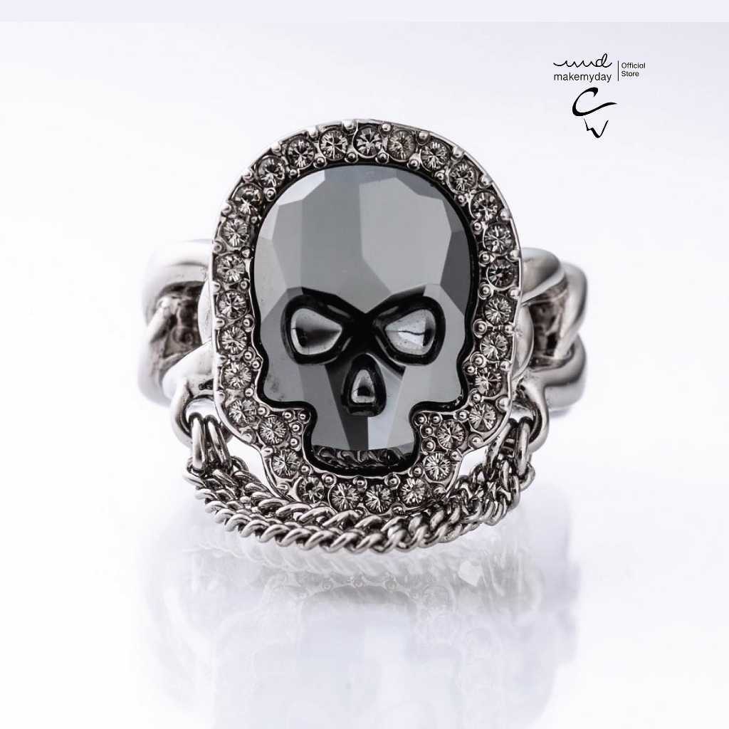 Crystalwork แหวนแฟชั่น ลวดลายโซ่ ประดับคริสตัลรูปลักษณ์เฉพาะ รูปกระโหลก