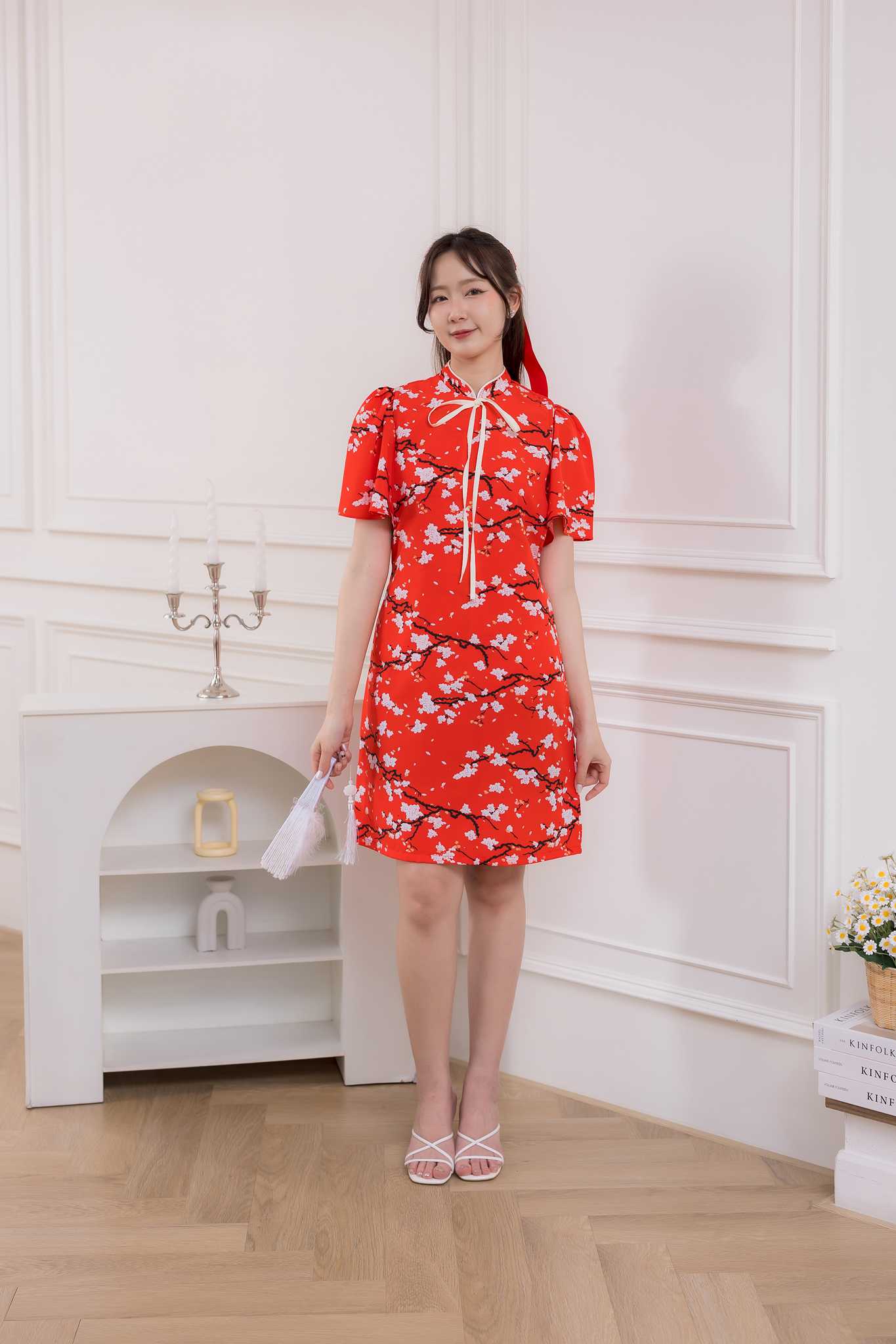 ชุดให้นม red sakura bow dress