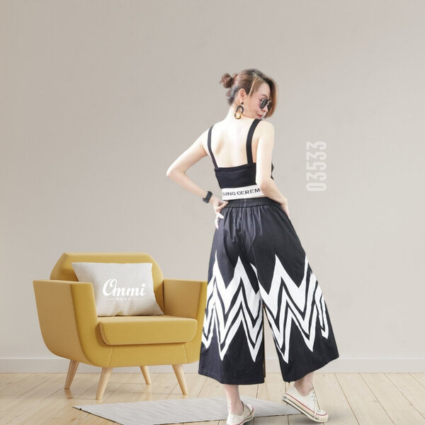 ommishop 03533 กางเกงแฟชั่น เนื้อผ้าเวสปอร์ย สกรีนลาย ขากระบอกใหญ่ (PUP)