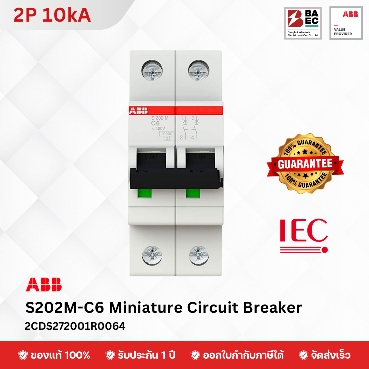 ABB S202M-C6 เซอร์กิตเบรกเกอร์ 6 Amp 2P 10KA