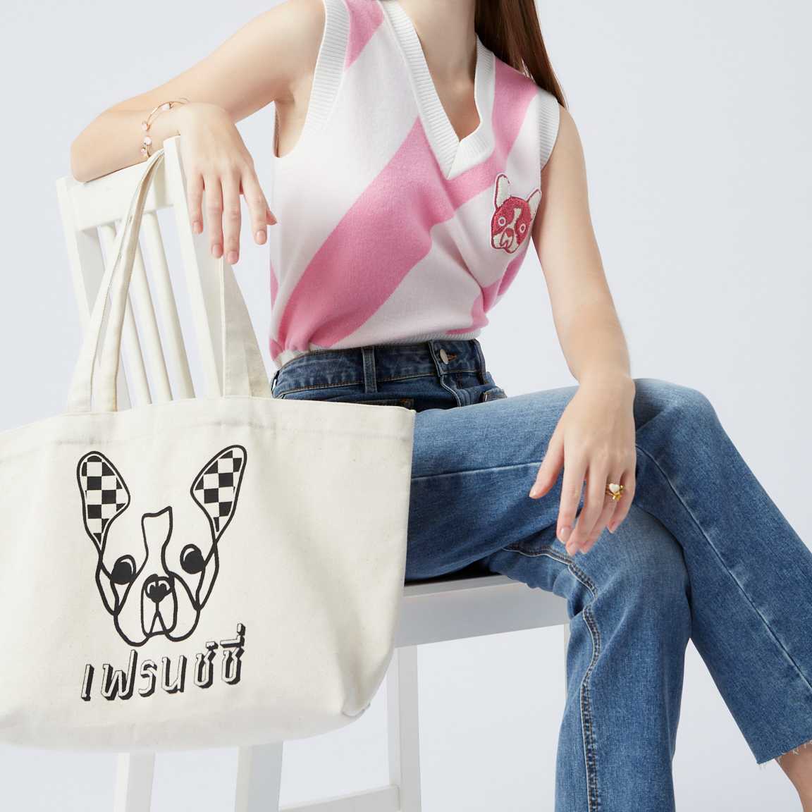 กระเป๋าผ้าแคนวาสลายเฟรนช์ชี่ | Frenchie Canvas Tote Bag | 06222