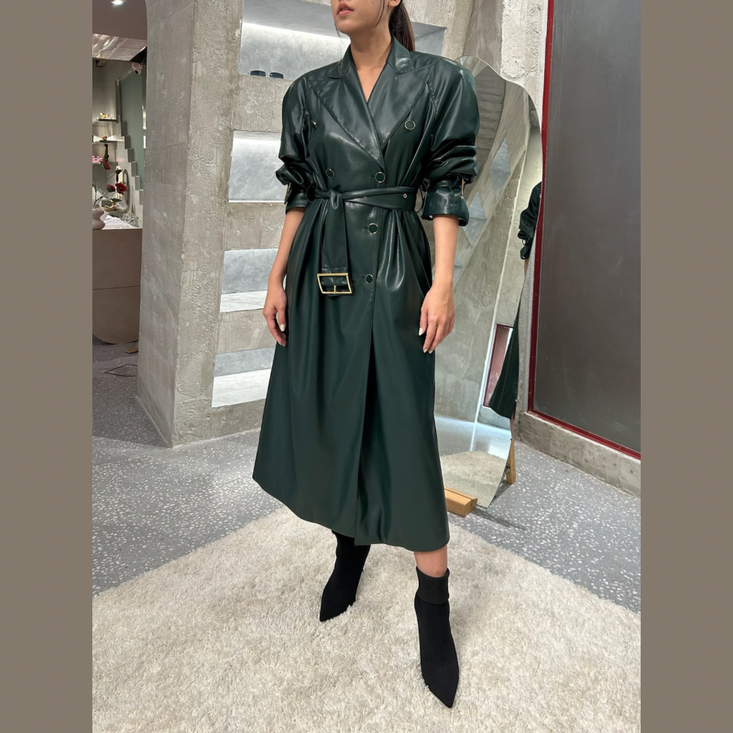 ROWEN ROSE SIGNATURE TRENCHCOAT IN ECO LEATHER - GREEN