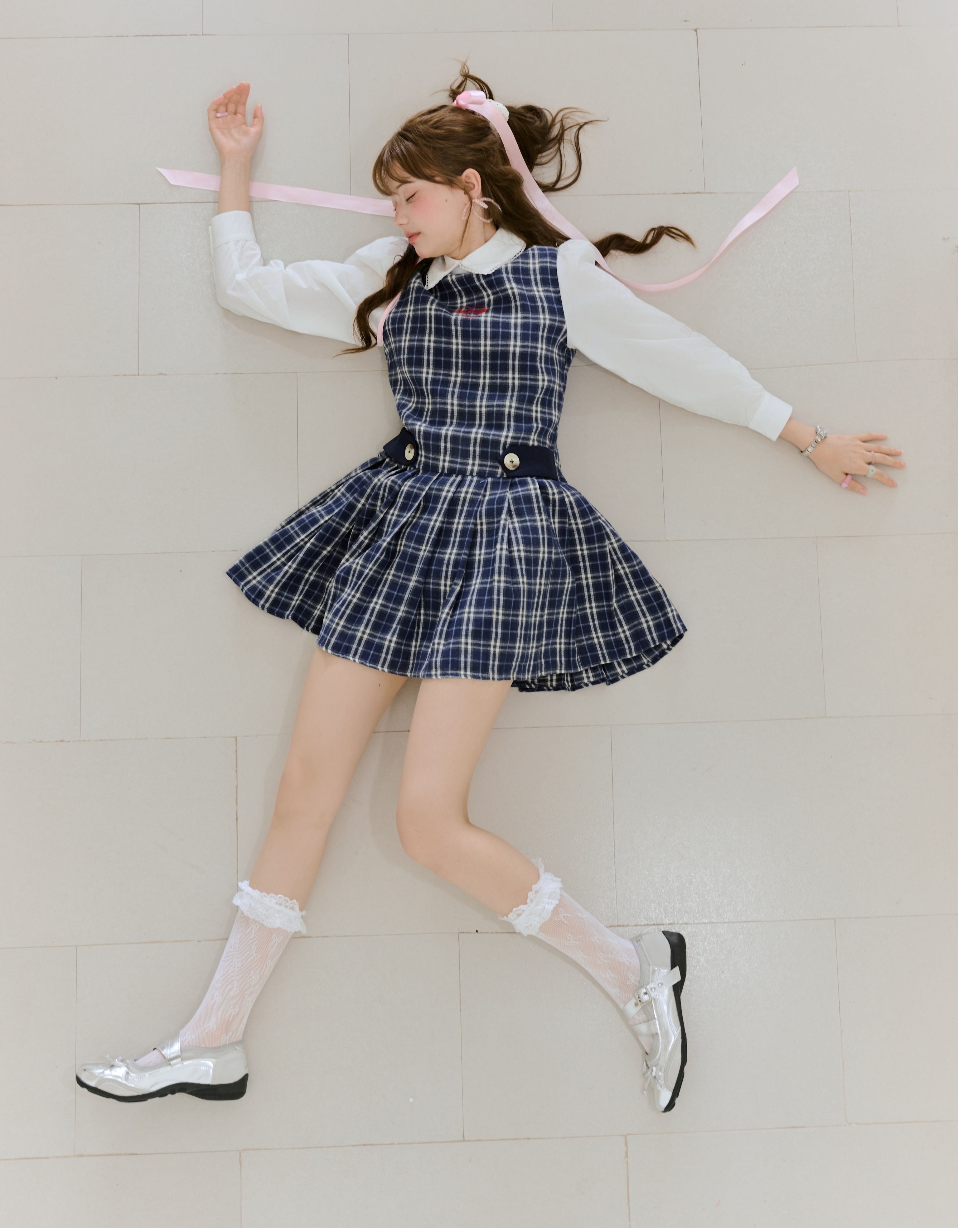 FLAT2112 ERICA JUNE MINI DRESS  เดรสสั้นลายสก็อต เดรสเลเยอร์เสื้อเชิ้ตขาว ลุคเกาหลีวัยรุ่น (FF1319)