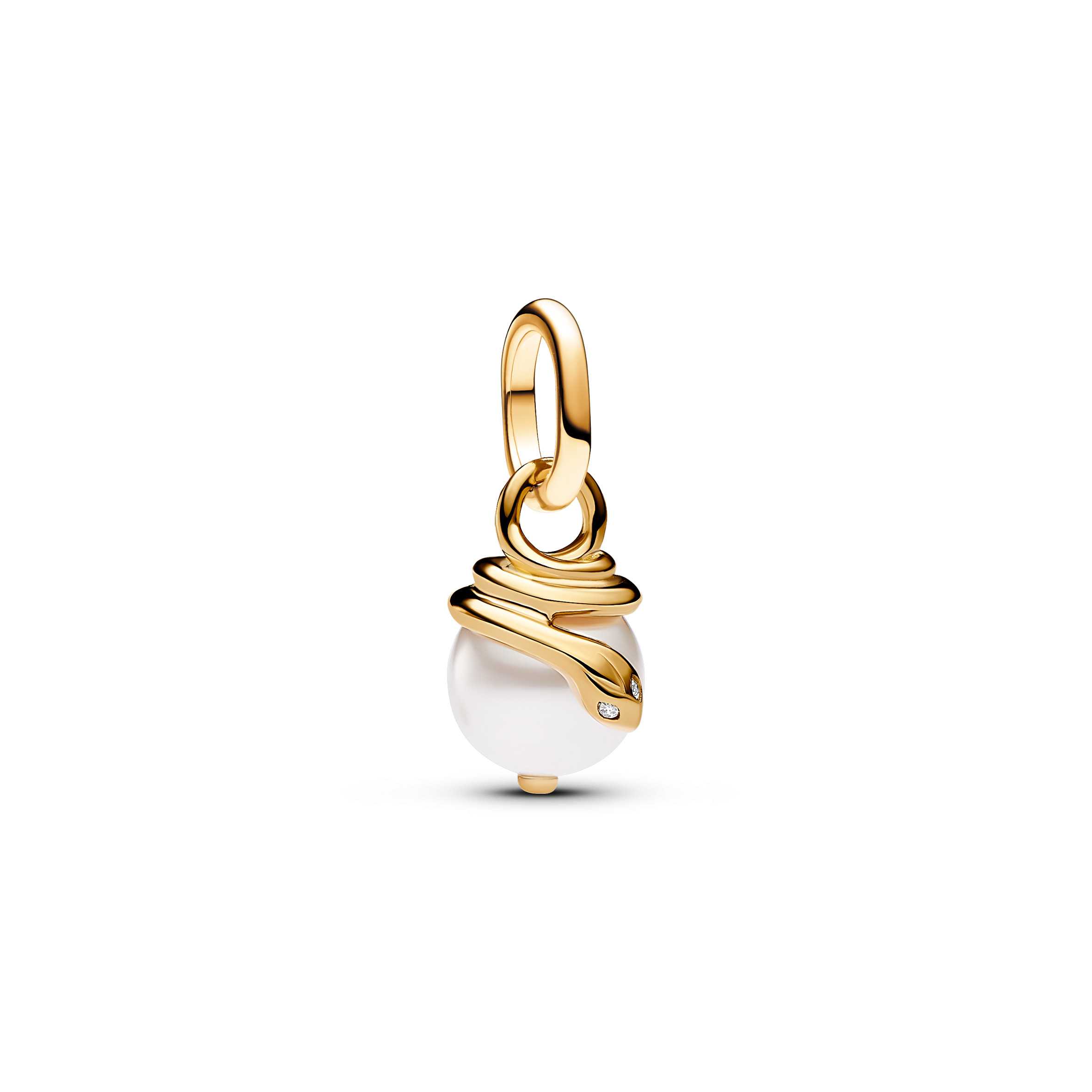 Snake 14k gold-plated mini dangle with white lacquered artificial pearl and clear cubic zirconia