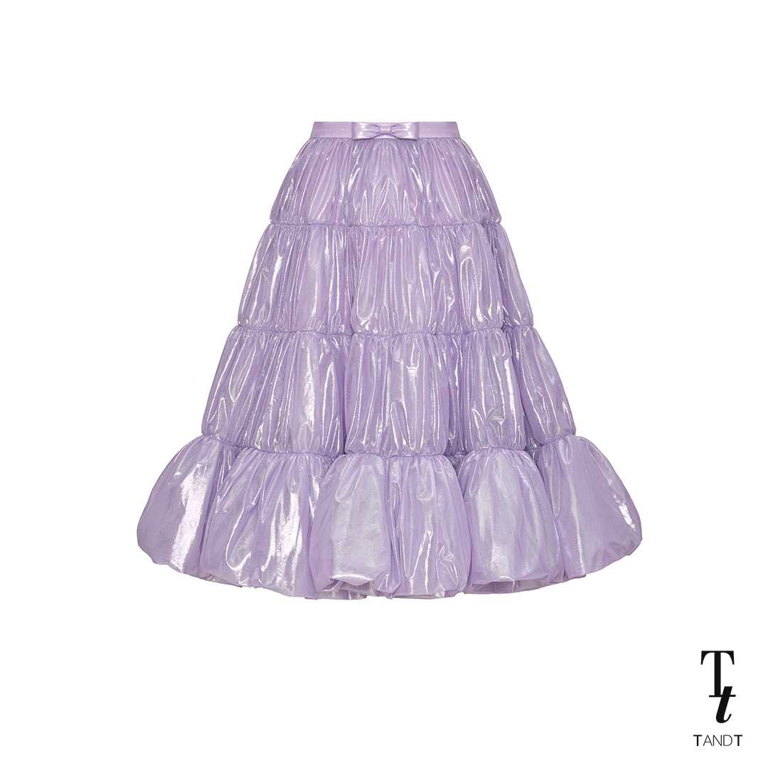 TandT - MARIN LILAC SKIRT - BOW HAND-CRAFTED RUCHED BALLOON METALLIC TULLE MIDI SKIRT