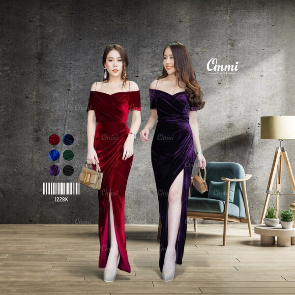 Ommishop ชุดราตรี 1228K ปาดวีไขว้อก ต่อแขน กำมะหยี่ เดรสออกงาน ชุดงานแต่ง เพื่อนเจ้าสาว