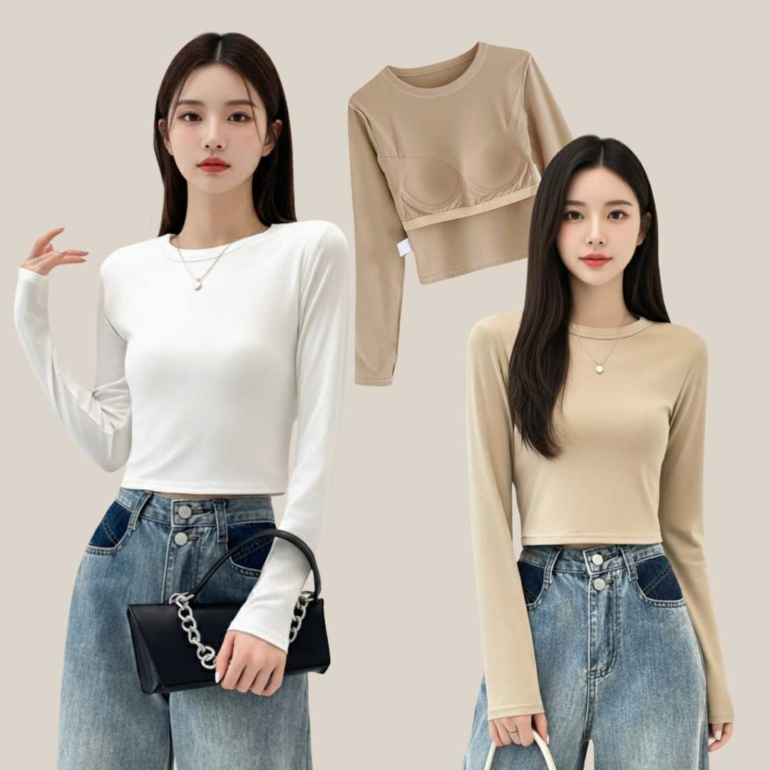 WsimpleBra | Ginny Long Sleeve Crop Top เสื้อครอป แขนยาว มีบราในตัว เลิกใส่ชุดชั้นในและซิลิโคลปิดจุก