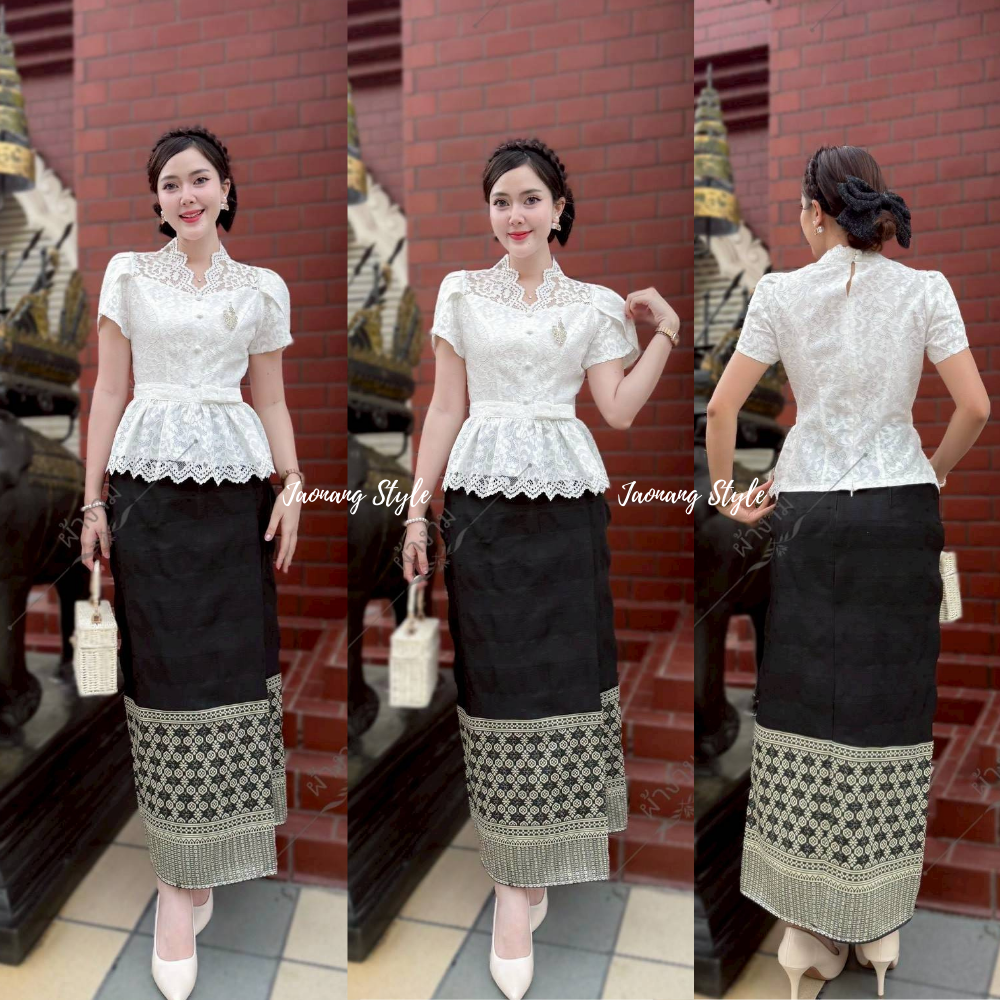 ผ้าถุงผ้าฝ้ายทอลาย ลายไทยประยุกต์ งานป้ายสำเร็จซิปหลัง อัดกาว ใส่ไปงานบุญ งานพิธีสวยมาก