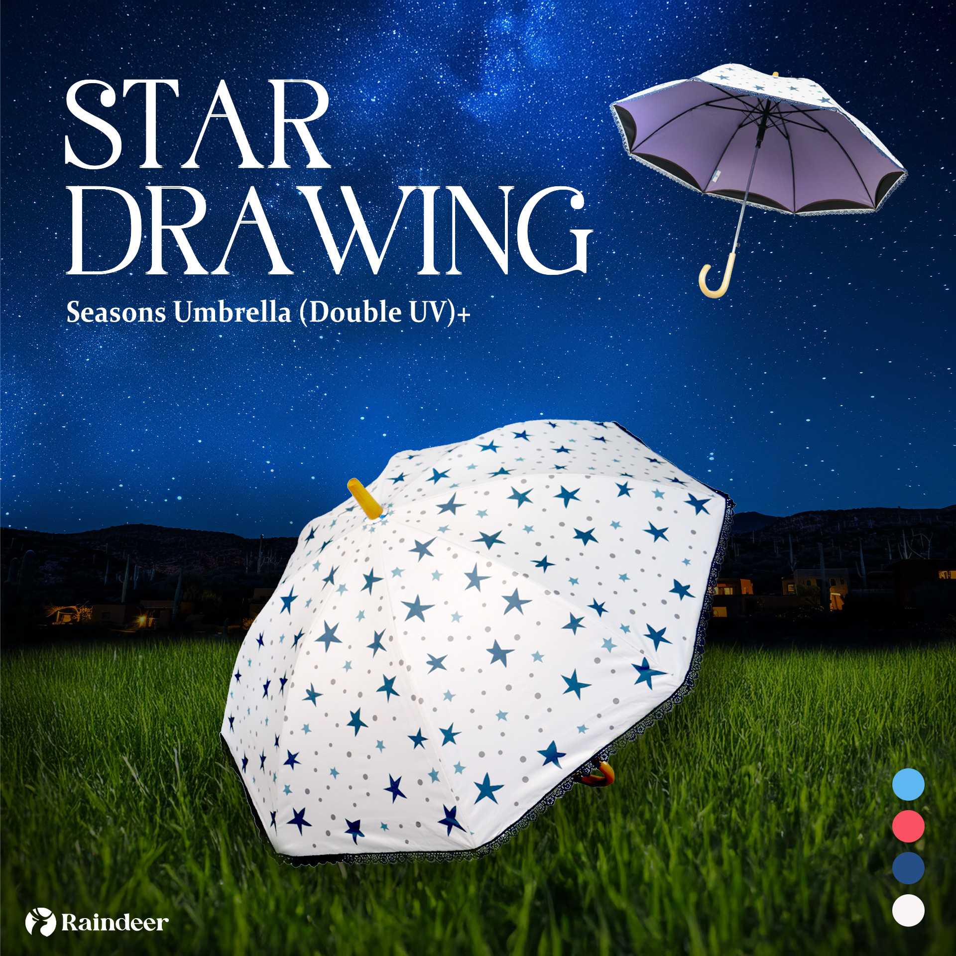 ร่มยาว 18 นิ้ว 2 ชั้น กันUV ลาย STAR DRAWING ร่มกันUVเเฟชั่น ร่มเเบรนด์ Raindeer