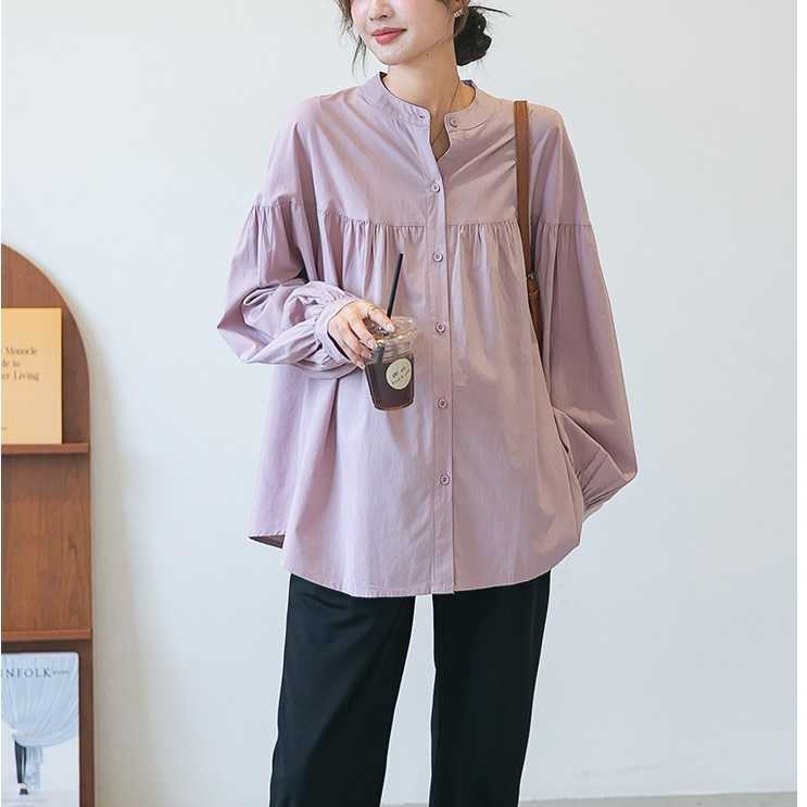 เชิ้ตทรง oversize โทนสีพื้นทรงสวยเก๋แบบน่ารักมากๆ ผ้าคอตตอนอย่างดีไม่บาง - สีชมพูอมม่วง