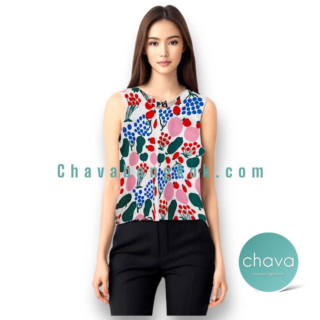 NEW!! เสื้อ Top / BLOUSE เสื้อคอกลม  แขนกุด ลายดอกไม้หลากสี มีกระดุมหลัง