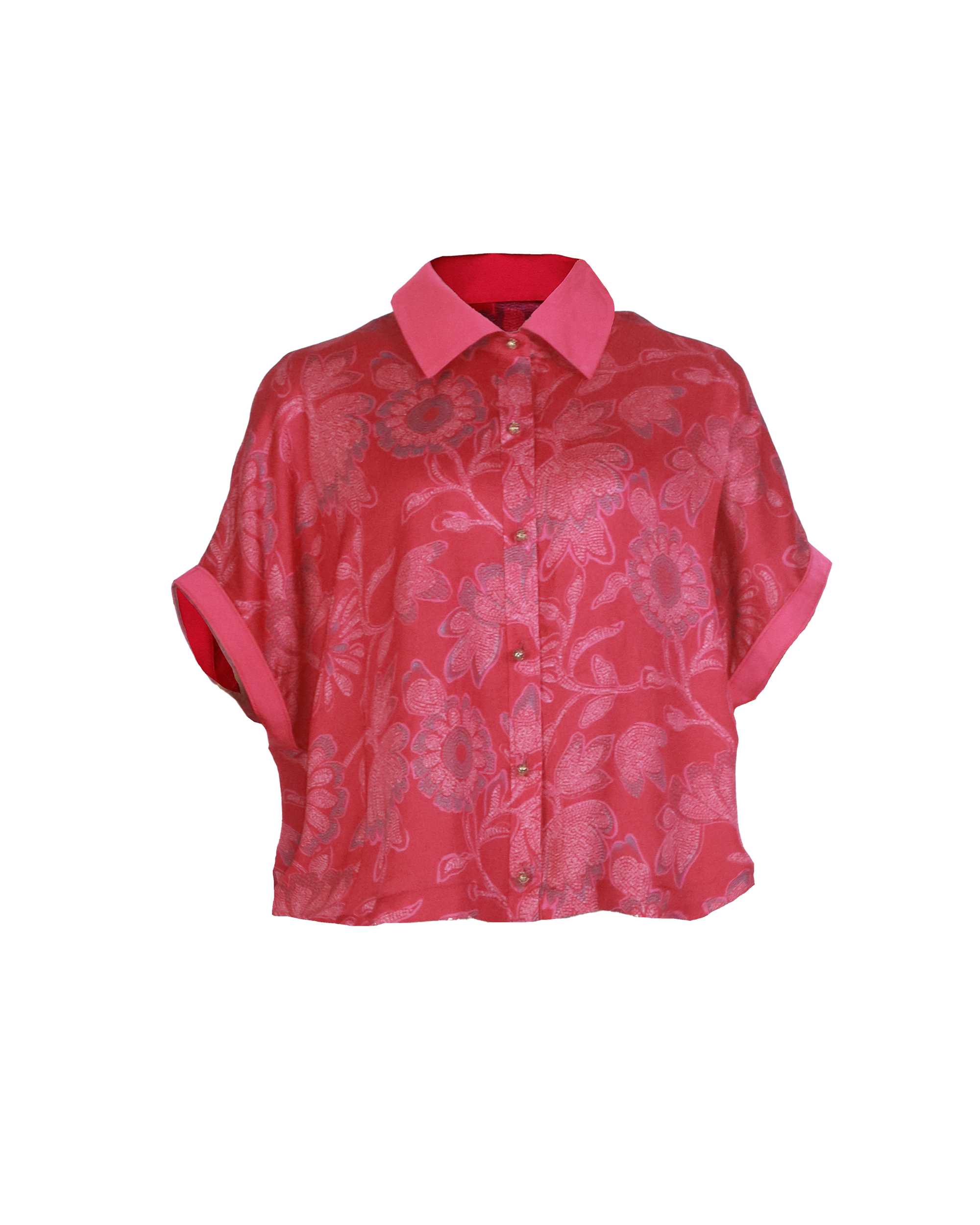 เสื้อเชิ้ตสีชมพูแขนเบิ้ล ผ้าซิลค์ซาตินพิมพ์ลายดอกไม้ Pink Floral Print Silk Satin Shirt.